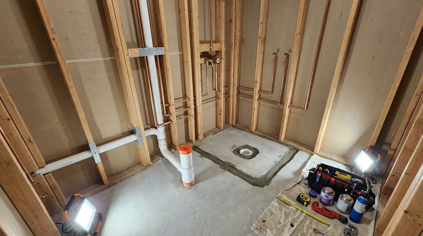 Bathroom rough-in plumbing during remodel by Johns Plumbing LLC in Lepanto