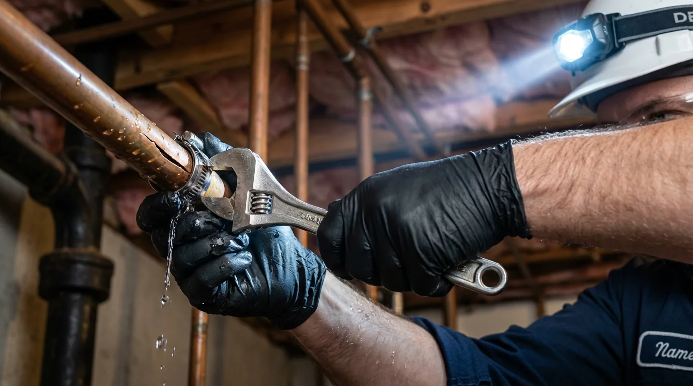 Emergency pipe clamp repair being performed by a Johns Plumbing LLC plumber in Lepanto