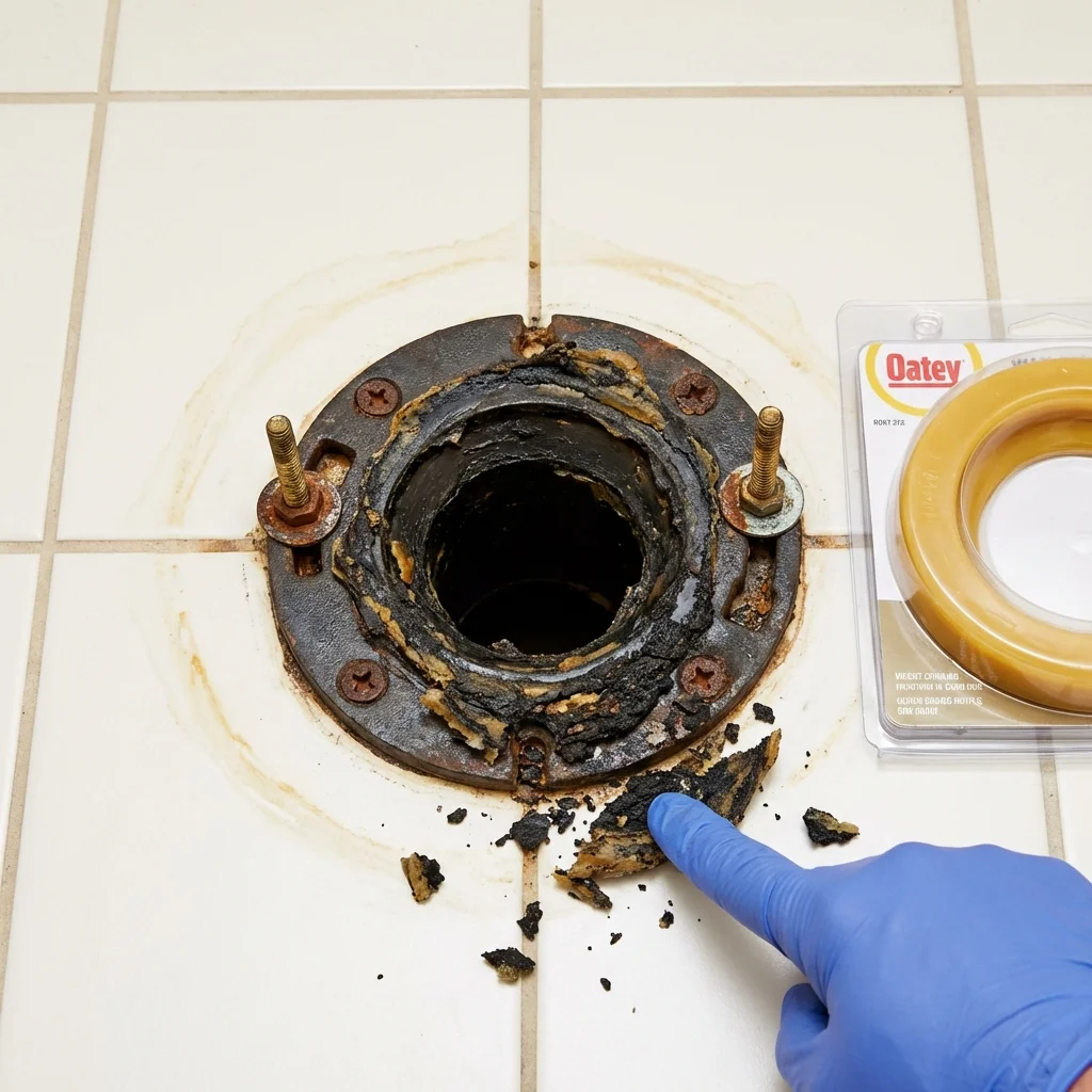 Failed wax ring showing water seepage at the base of a toilet in a Lepanto, AR home
