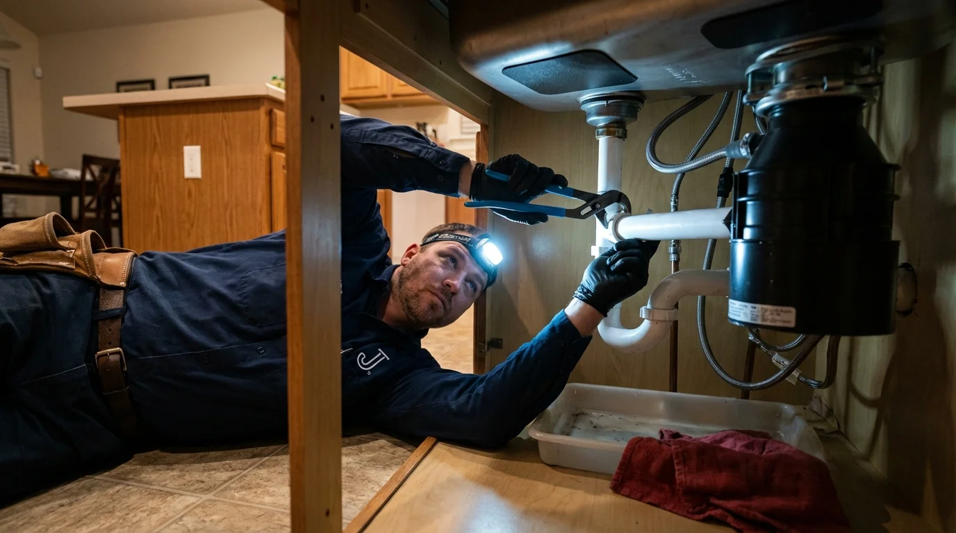 P-trap and supply line connections under a kitchen sink showing a common leak point in Lepanto, AR